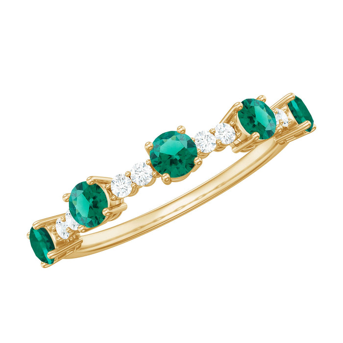 Certified lab-grown emerald half eternity ring with diamonds, showcasing a Rosec Jewels anniversary ring design and sparkling gemstones.