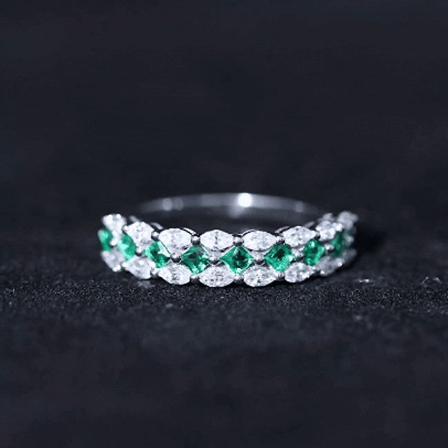 Yellow gold lab grown emerald eternity wedding band with alternating emeralds and gold accents, Rosec Jewels rings.