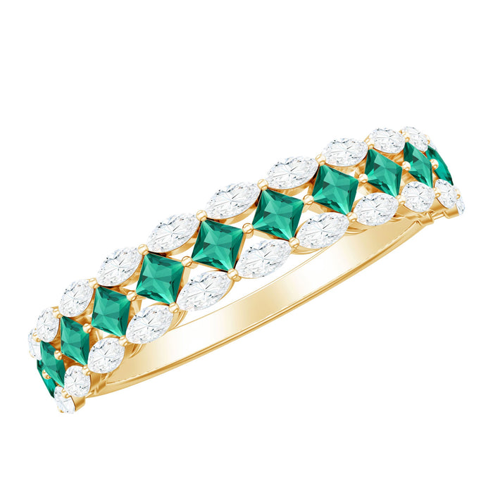 Certified lab-grown emerald half eternity wedding band by Rosec Jewels with alternating emerald gemstones and delicate metal setting.