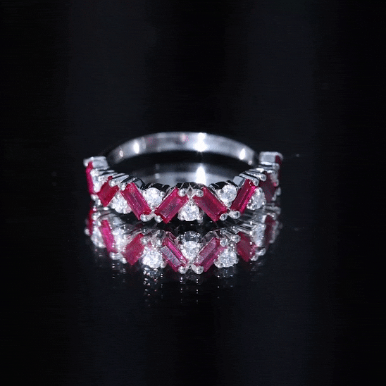 Yellow gold Baguette Shape Lab Grown Ruby and Diamond Half Eternity Ring by Rosec Jewels, showing the elegant band with gemstone details.