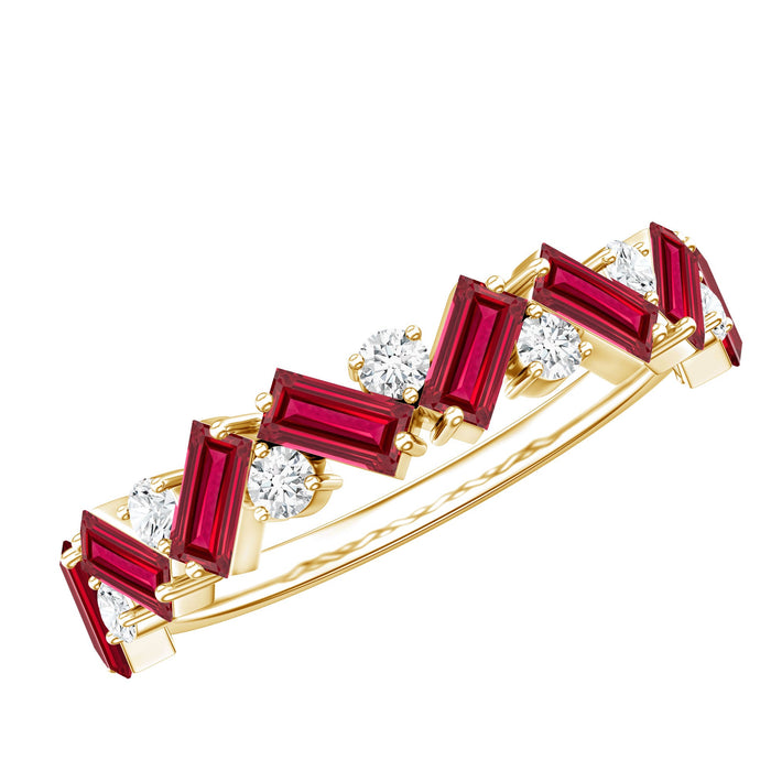 Rosec Jewels lab-grown ruby and diamond baguette eternity ring showcasing half eternity band with sparkling gemstones.