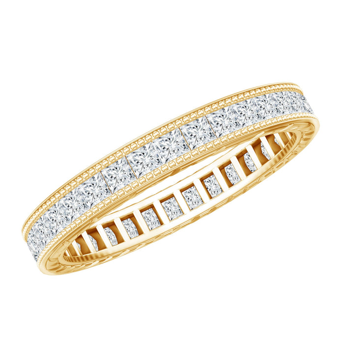 Rosec Jewels princess cut lab-grown diamond eternity wedding band with sparkling diamonds and sleek platinum finish.