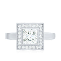 Princess Cut Moissanite Halo Engagement Ring with Milgrain Detail