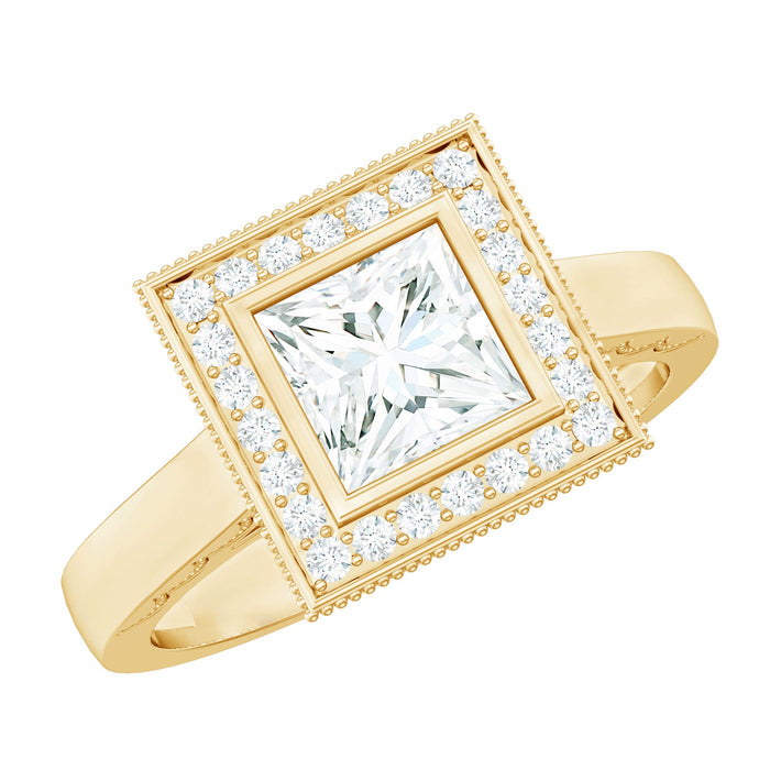 Princess cut moissanite halo engagement ring with milgrain detailing by Rosec Jewels, featuring a sparkling central stone and intricate design.