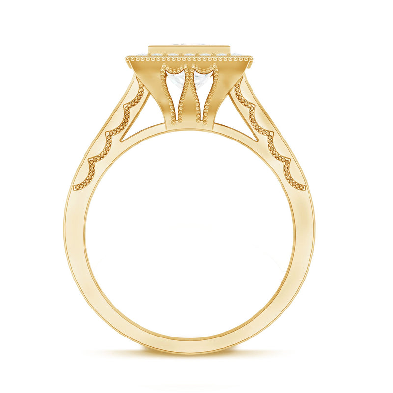 Princess cut moissanite halo engagement ring with milgrain detail, featuring intricate design and sparkling center stone.