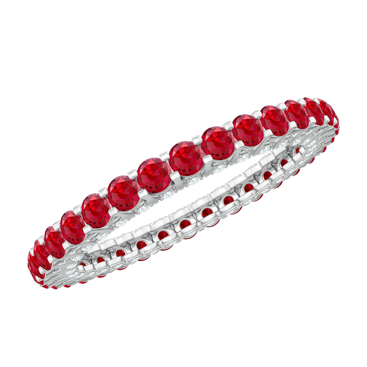 Round lab-grown ruby and diamond eternity wedding band featuring a continuous circle of gemstones, crafted by Rosec Jewels.