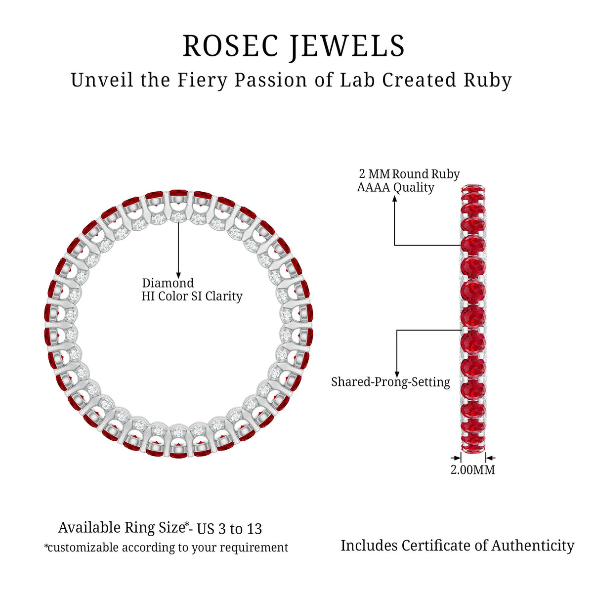 Round lab-grown ruby and diamond eternity wedding band by Rosec Jewels, showcasing a continuous circle of sparkling gemstones.