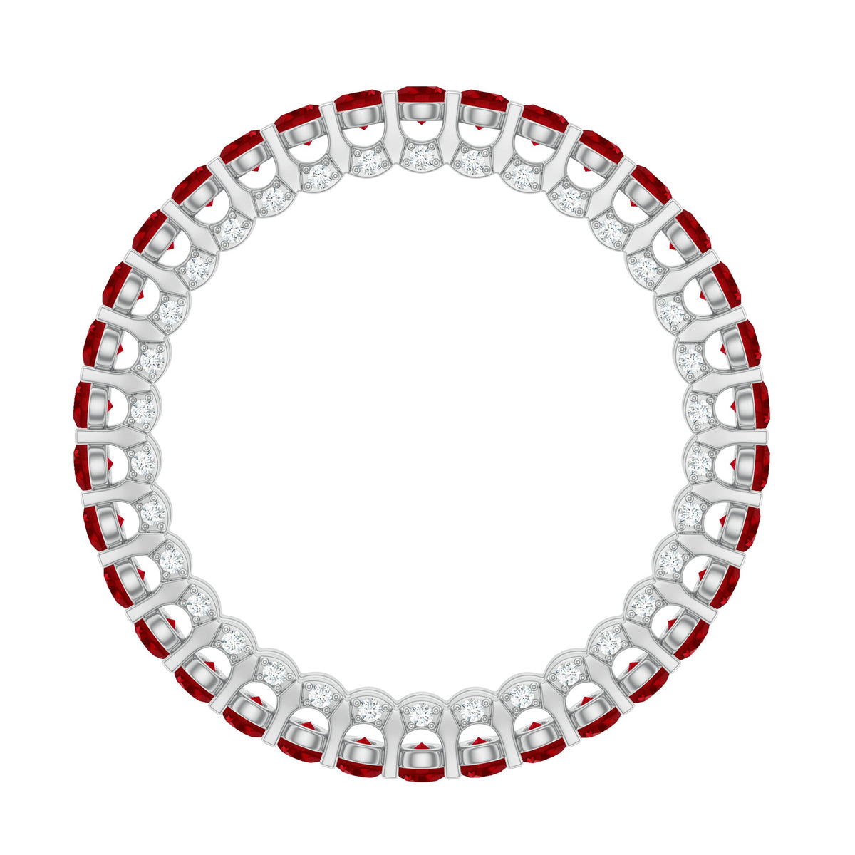 Round lab-grown ruby and diamond eternity wedding band by Rosec Jewels, featuring a continuous row of gemstones on sleek ring band.
