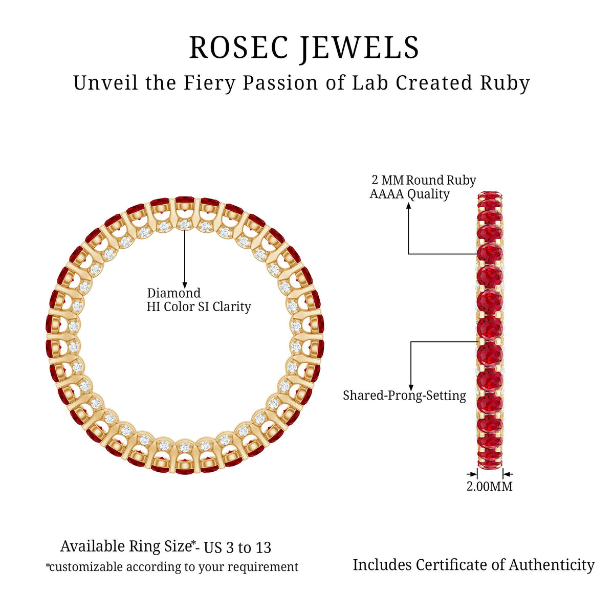 Round lab-grown ruby and diamond eternity wedding band by Rosec Jewels, showcasing a continuous circle of sparkling gemstones.