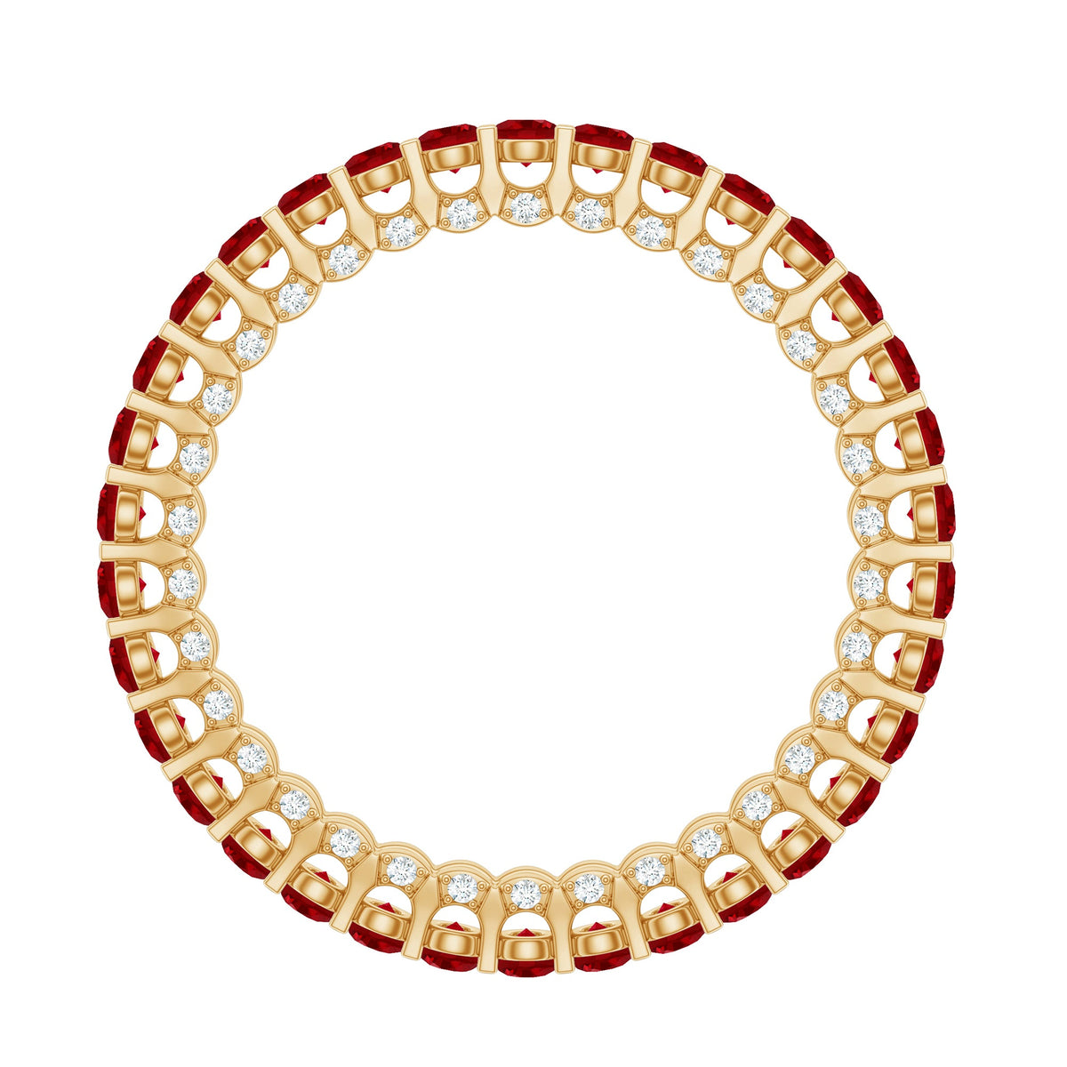 Round lab-grown ruby and diamond eternity wedding band by Rosec Jewels, featuring a continuous circle of gemstones on a sleek ring.