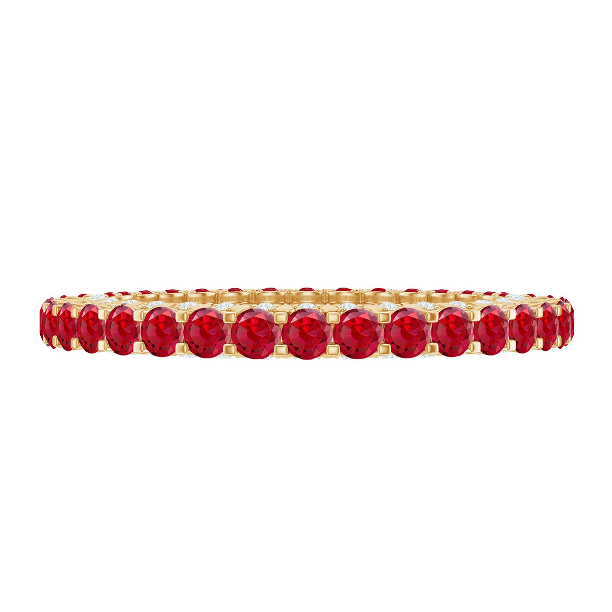 Round lab-grown ruby and diamond eternity wedding band by Rosec Jewels, featuring a continuous circle of sparkling gemstones.