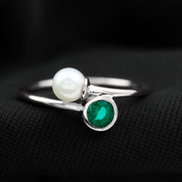 Freshwater Pearl Emerald Toi Et Moi Promise Ring