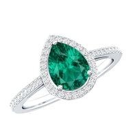 Certified Lab Grown Emerald Teardrop Engagement Ring with Diamond Halo