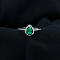 Certified Lab Grown Emerald Teardrop Engagement Ring with Diamond Halo
