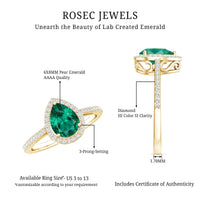 Certified Lab Grown Emerald Teardrop Engagement Ring with Diamond Halo