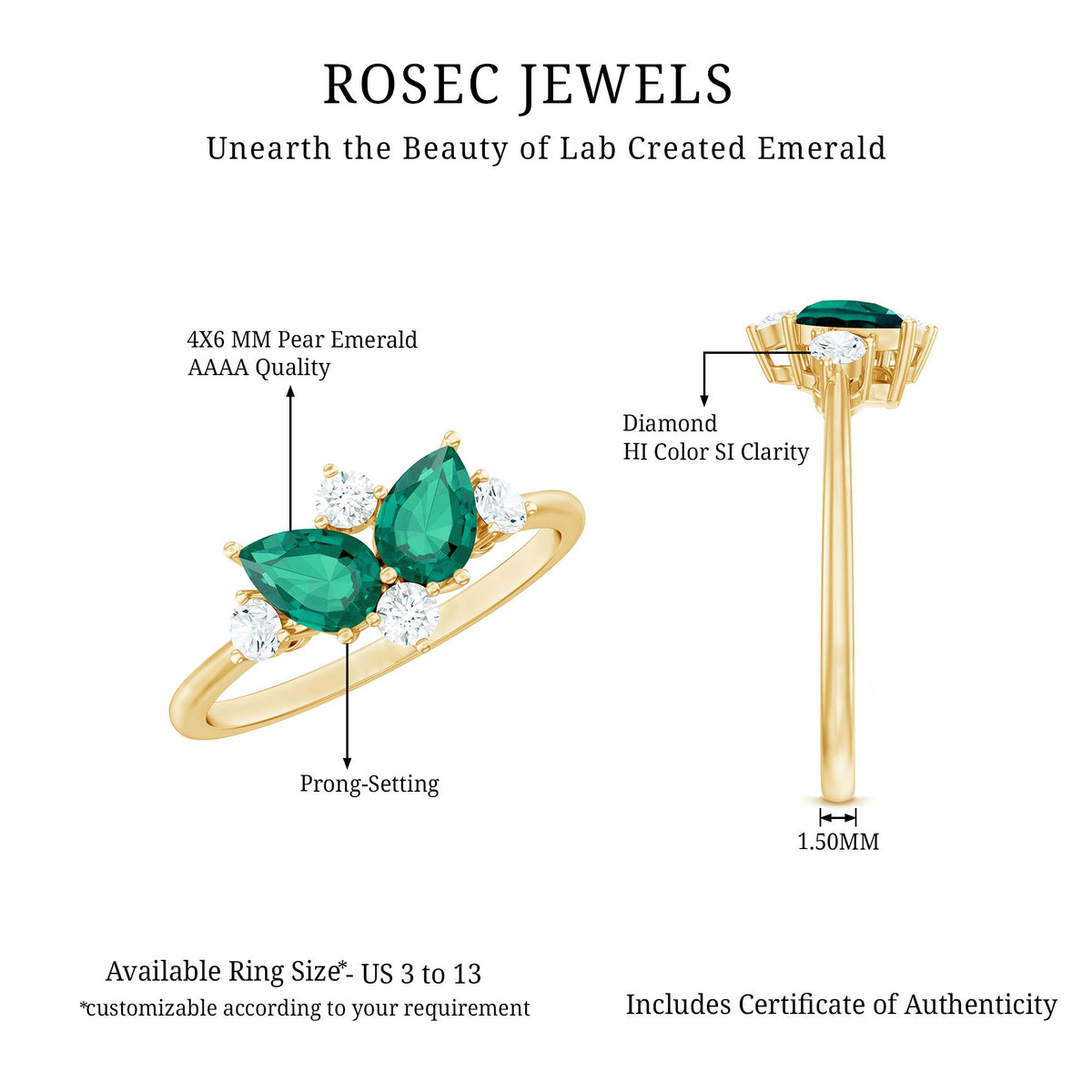Designer Pear Shape Lab Grown Emerald Toi Et Moi Engagement Ring with Diamond