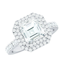 Certified Asscher Cut Moissanite Double Halo Engagement Ring