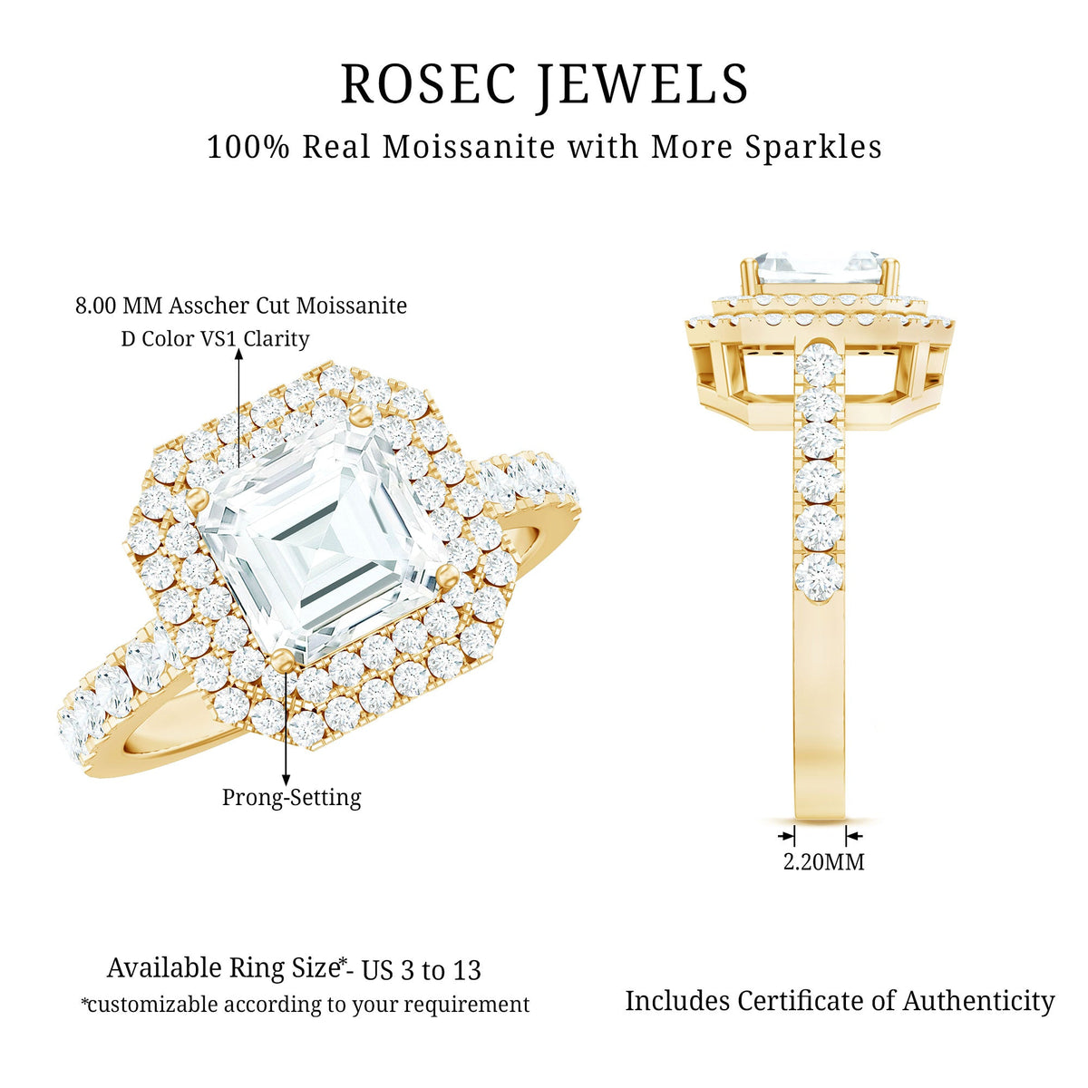Certified Asscher Cut Moissanite Double Halo Engagement Ring