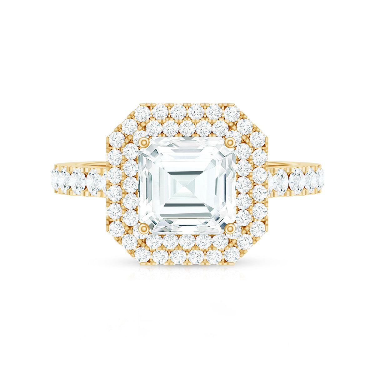 Certified Asscher Cut Moissanite Double Halo Engagement Ring