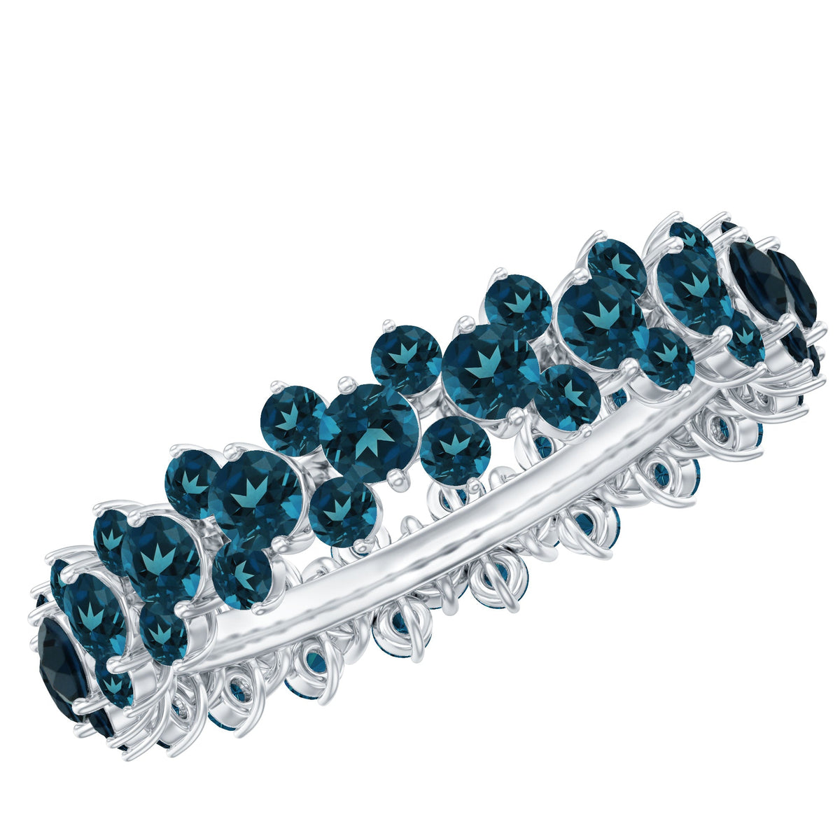 Rosec Jewels London Blue Topaz Cluster Eternity Band Ring with vibrant blue gemstones and intricate silver setting.