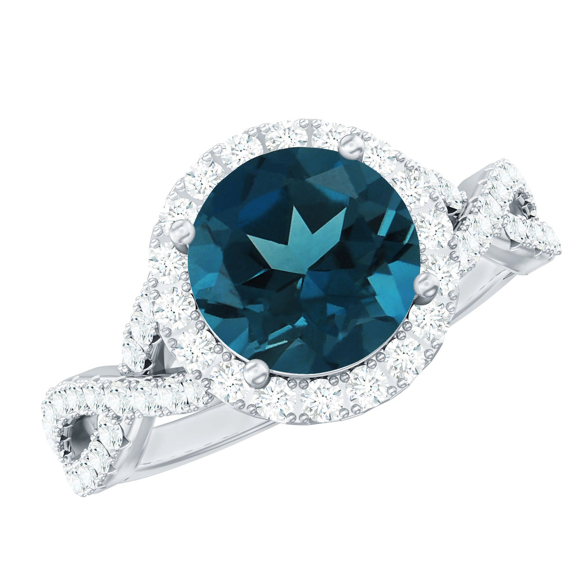 2 Carat Round London Blue Topaz Crossover Engagement Ring with Diamond Halo