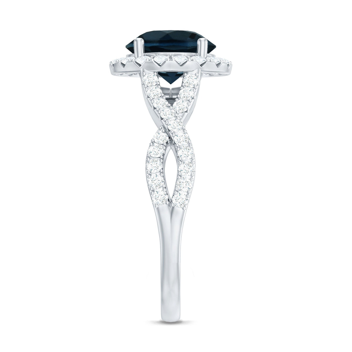 2 Carat Round London Blue Topaz Crossover Engagement Ring with Diamond Halo