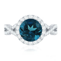 2 Carat Round London Blue Topaz Crossover Engagement Ring with Diamond Halo