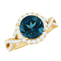 2 Carat Round London Blue Topaz Crossover Engagement Ring with Diamond Halo