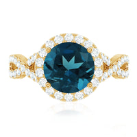 2 Carat Round London Blue Topaz Crossover Engagement Ring with Diamond Halo