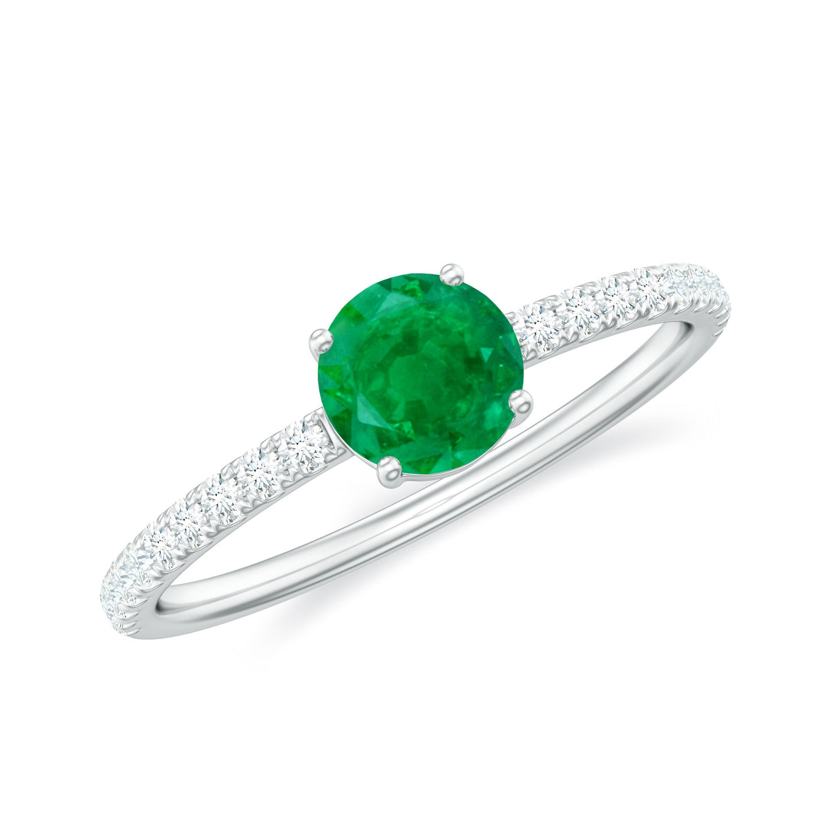 Natural emerald promise ring with diamond side stones, featuring a classic design from Rosec Jewels.