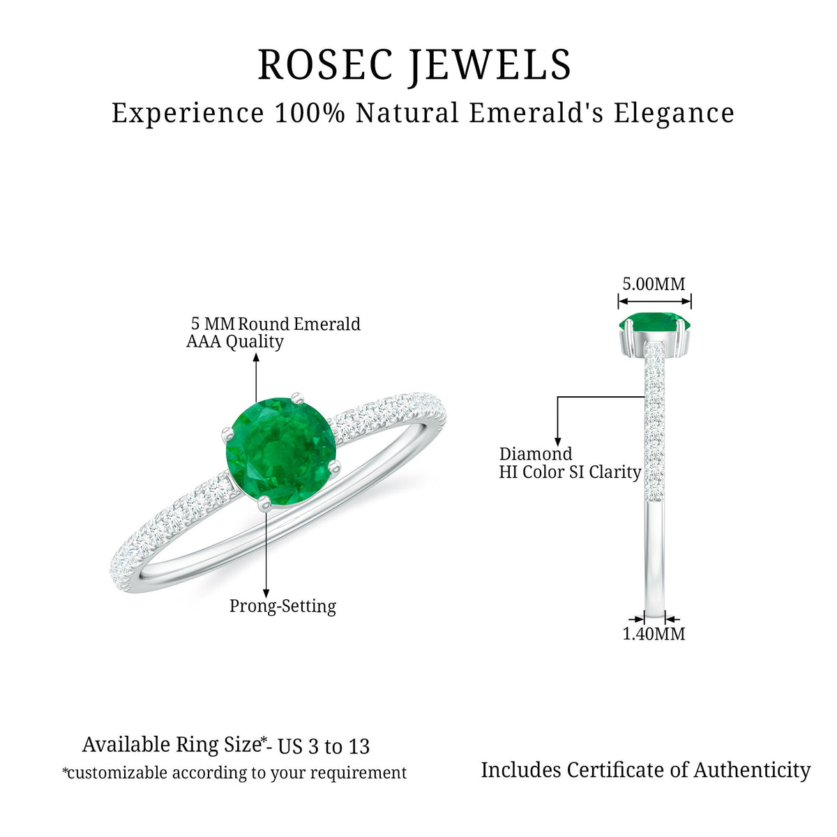 Natural emerald promise ring with diamond side stones from Rosec Jewels, featuring a central emerald gemstone and sparkling accents.