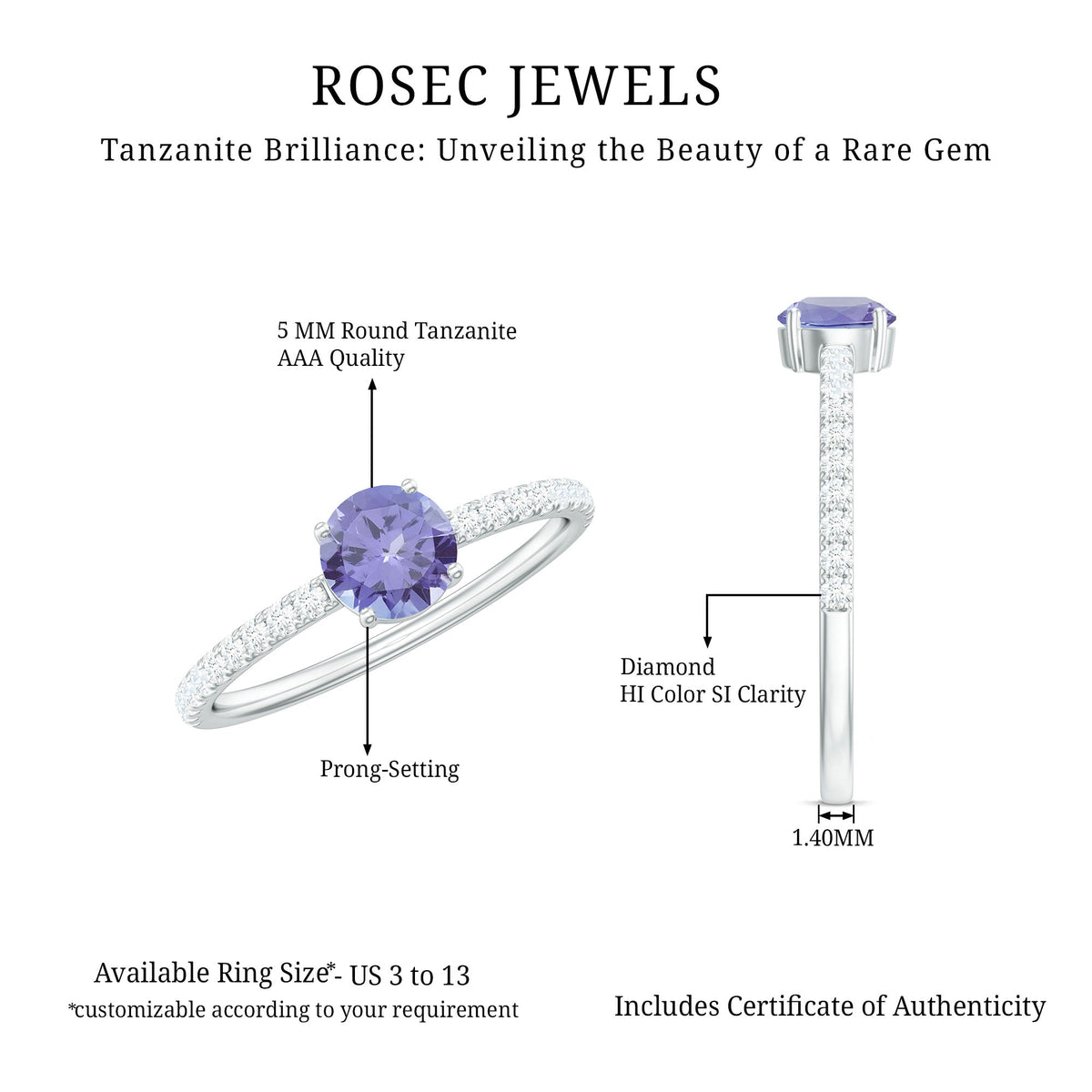 Certified real Tanzanite solitaire promise ring with diamond accents by Rosec Jewels, showcasing a central blue gemstone design.