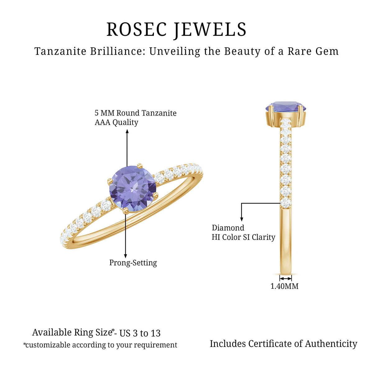 Certified real Tanzanite solitaire promise ring with diamond accents from Rosec Jewels, featuring a central blue-purple tanzanite gemstone.