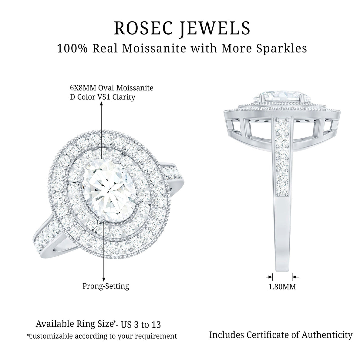 Oval moissanite engagement ring with milgrain embellishments and double halo setting, featuring detailed metalwork and sparkling stones.