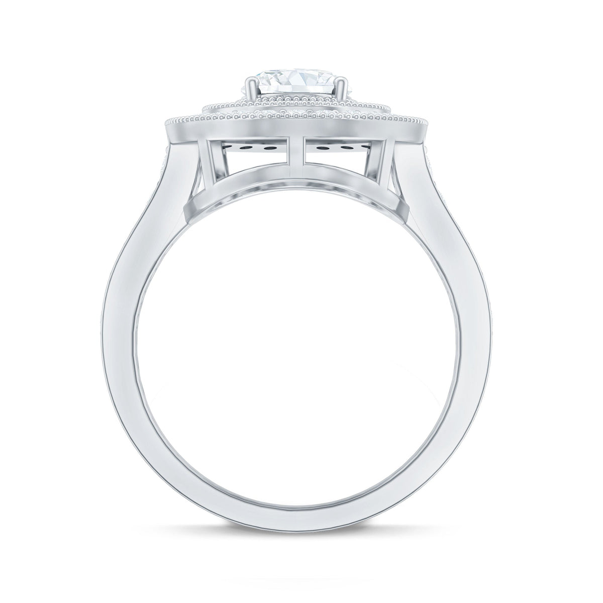 Oval moissanite engagement ring with milgrain detailing and double halo setting, showcasing intricate craftsmanship and sparkling stones.