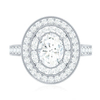 Milgrain Embellished Oval Moissanite Double Halo Engagement Ring