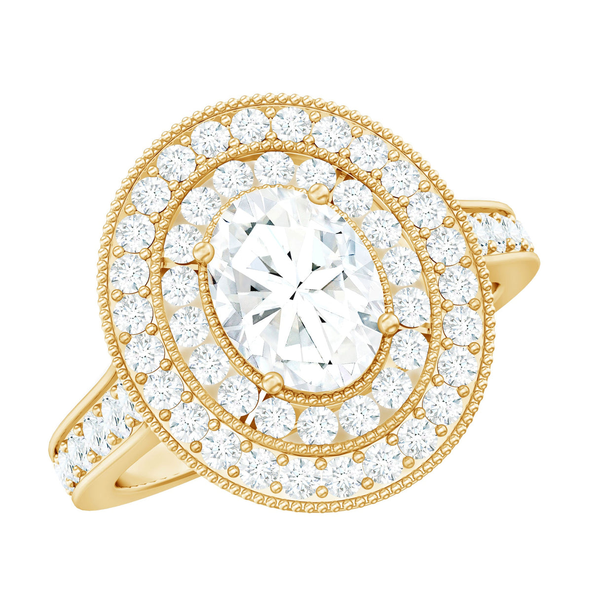 Oval moissanite engagement ring with milgrain details and double halo setting by Rosec Jewels.