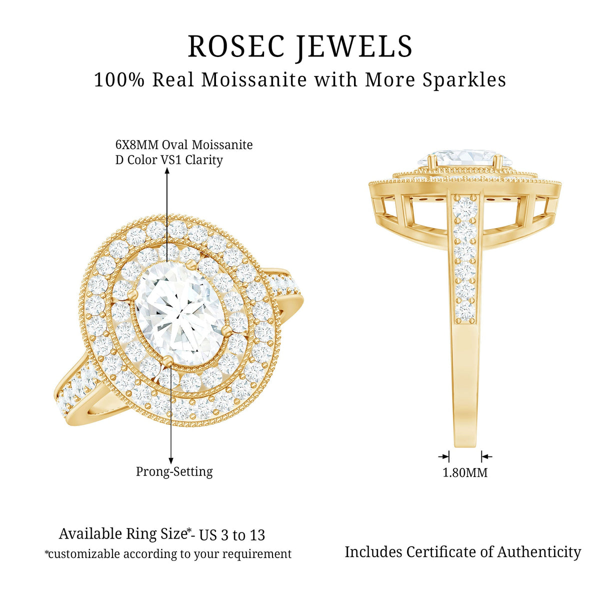 Oval moissanite engagement ring with milgrain embellishments and double halo design by Rosec Jewels.