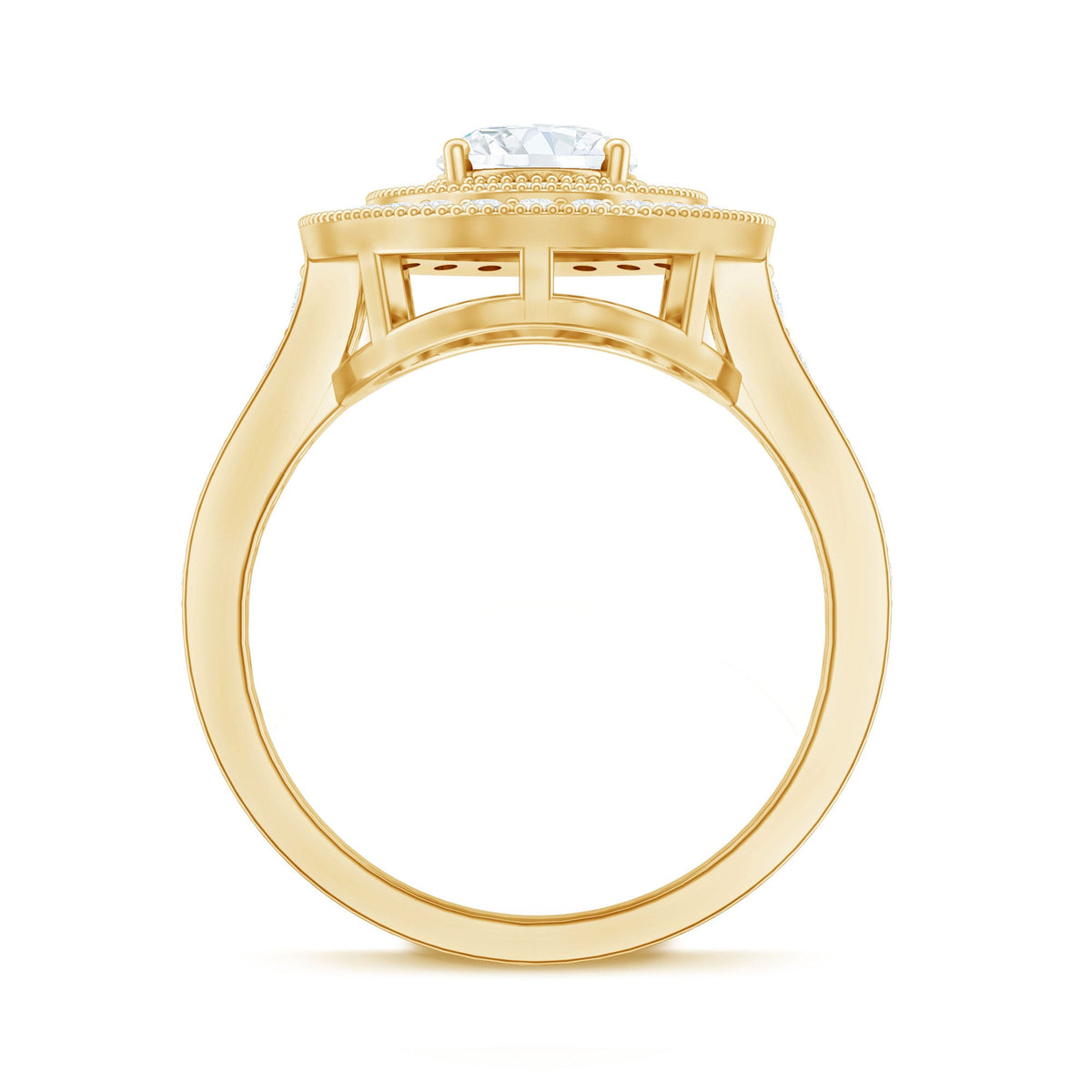 Oval Moissanite engagement ring with milgrain detailing and double halo setting by Rosec Jewels, showcasing intricate design and sparkle.