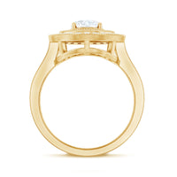 Oval Moissanite engagement ring with milgrain detailing and double halo setting by Rosec Jewels, showcasing intricate design and sparkle.