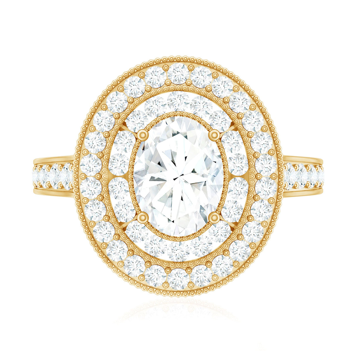 Oval moissanite engagement ring with milgrain detailing and double halo, featuring elegant ring design by Rosec Jewels.