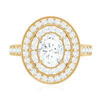 Oval moissanite engagement ring with milgrain detailing and double halo, featuring elegant ring design by Rosec Jewels.