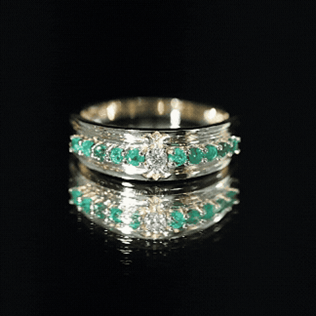 Yellow gold anniversary ring for women featuring real diamonds and emeralds from Rosec Jewels.