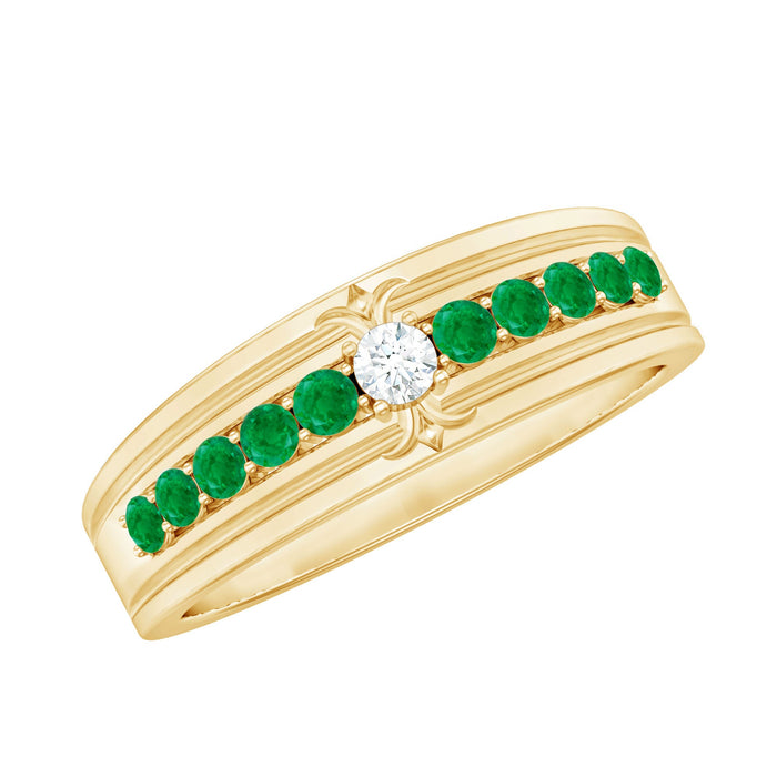 Elegant women’s anniversary ring featuring real diamonds and emeralds by Rosec Jewels, showcasing sparkling gemstones and intricate design.