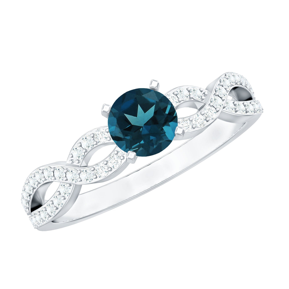 Round blue topaz infinity engagement ring with diamonds by Rosec Jewels, featuring a blue topaz centerpiece and sparkling diamond accents.
