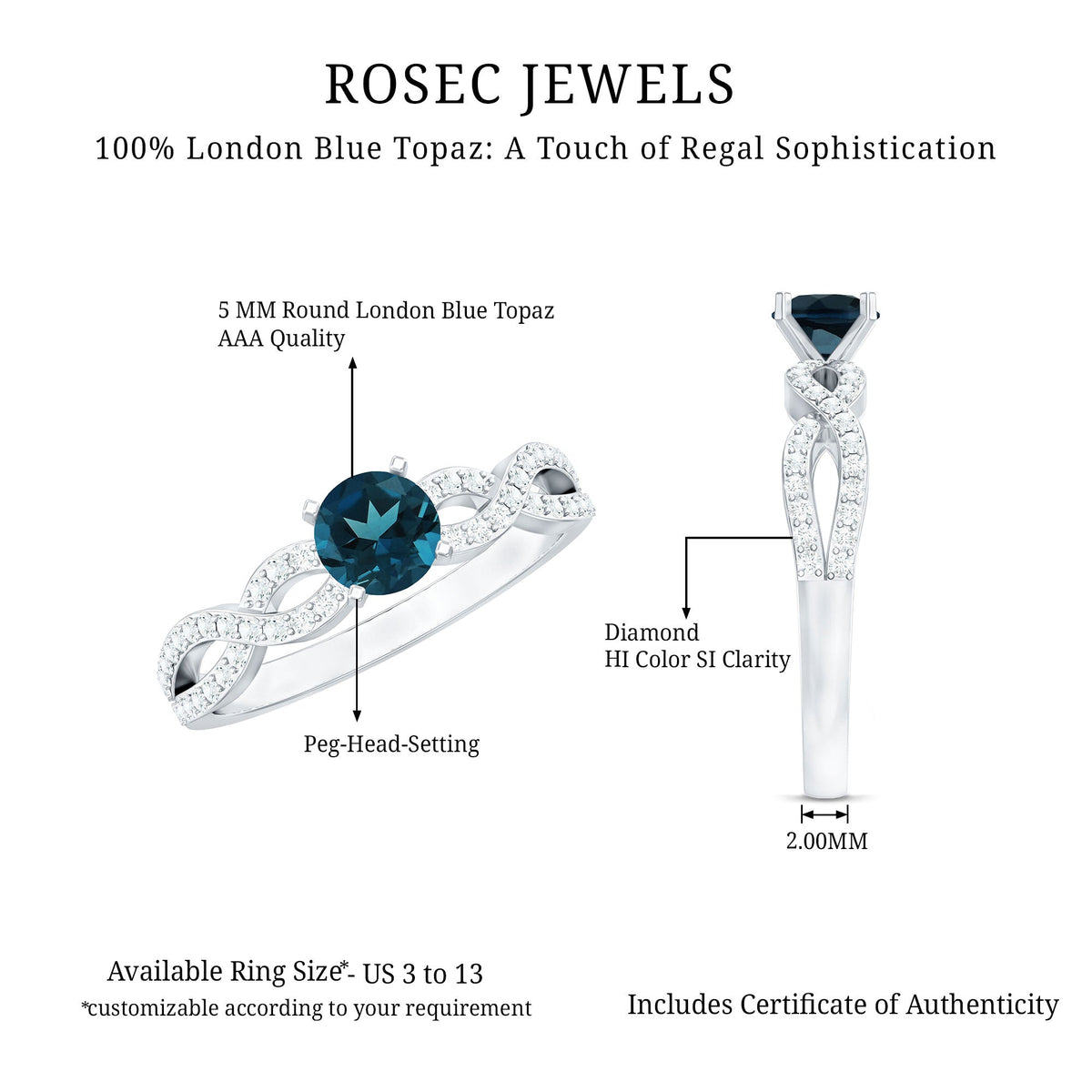 Round blue topaz infinity engagement ring with diamond accents by Rosec Jewels, showcasing a silver band and sparkling gemstones.