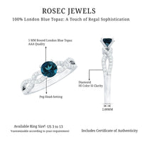 Round blue topaz infinity engagement ring with diamond accents by Rosec Jewels, showcasing a silver band and sparkling gemstones.