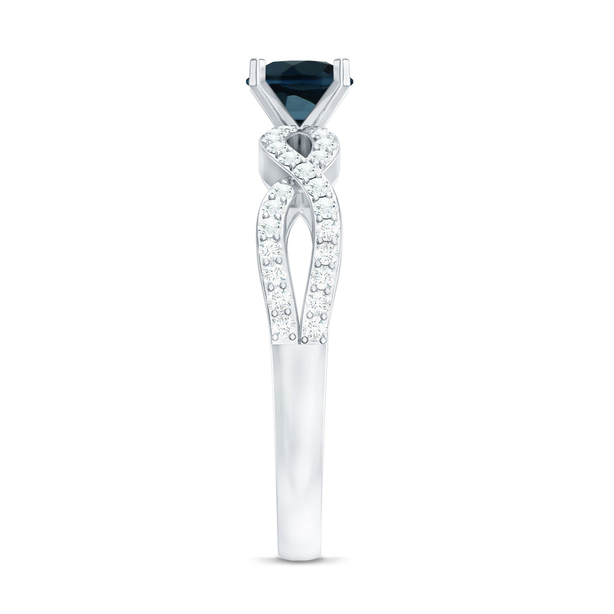 Round blue topaz infinity engagement ring with diamonds by Rosec Jewels, showcasing a vibrant blue topaz centerpiece and sparkling accents.