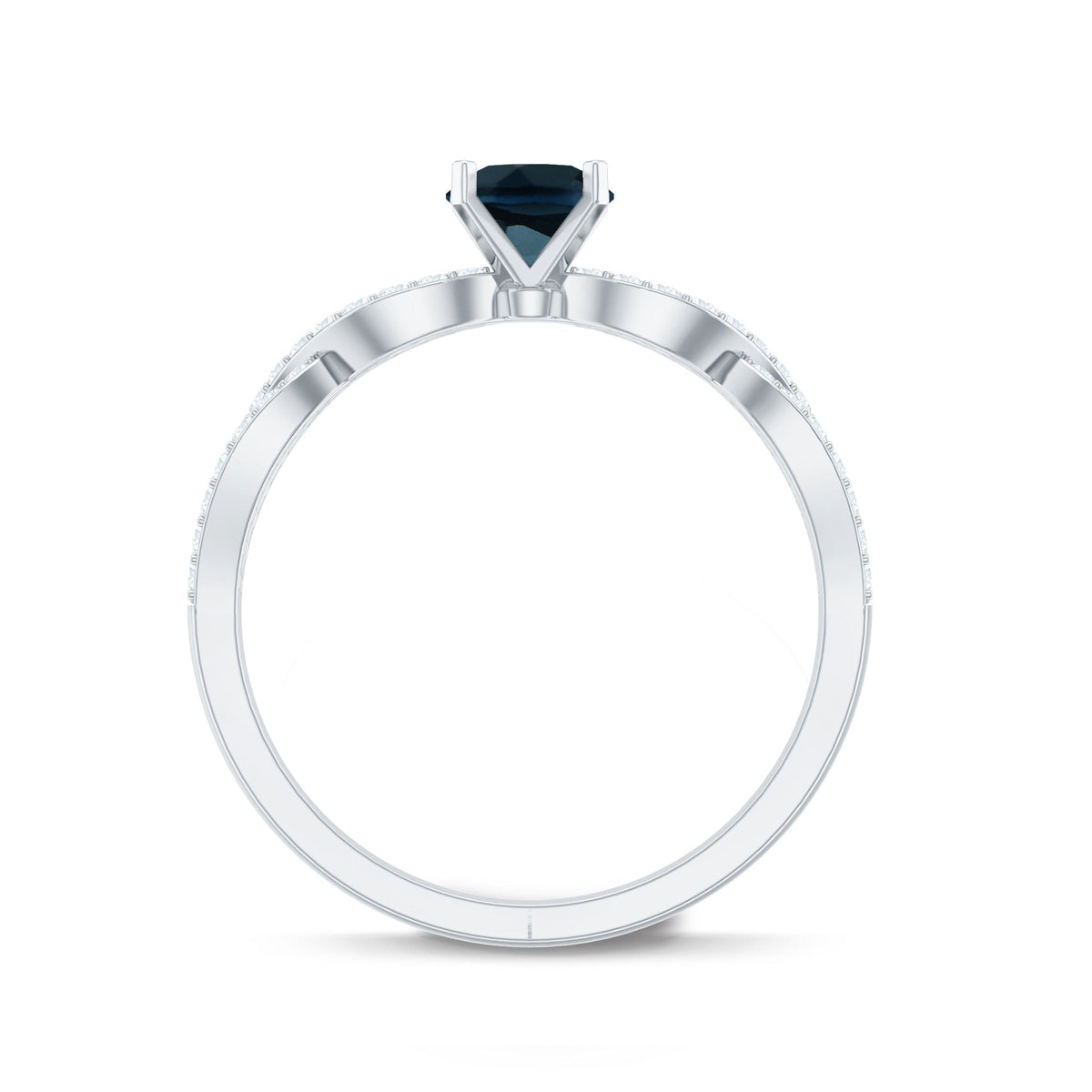 Round blue topaz infinity engagement ring with diamonds from Rosec Jewels, showcasing a silver band and sparkling gemstones.