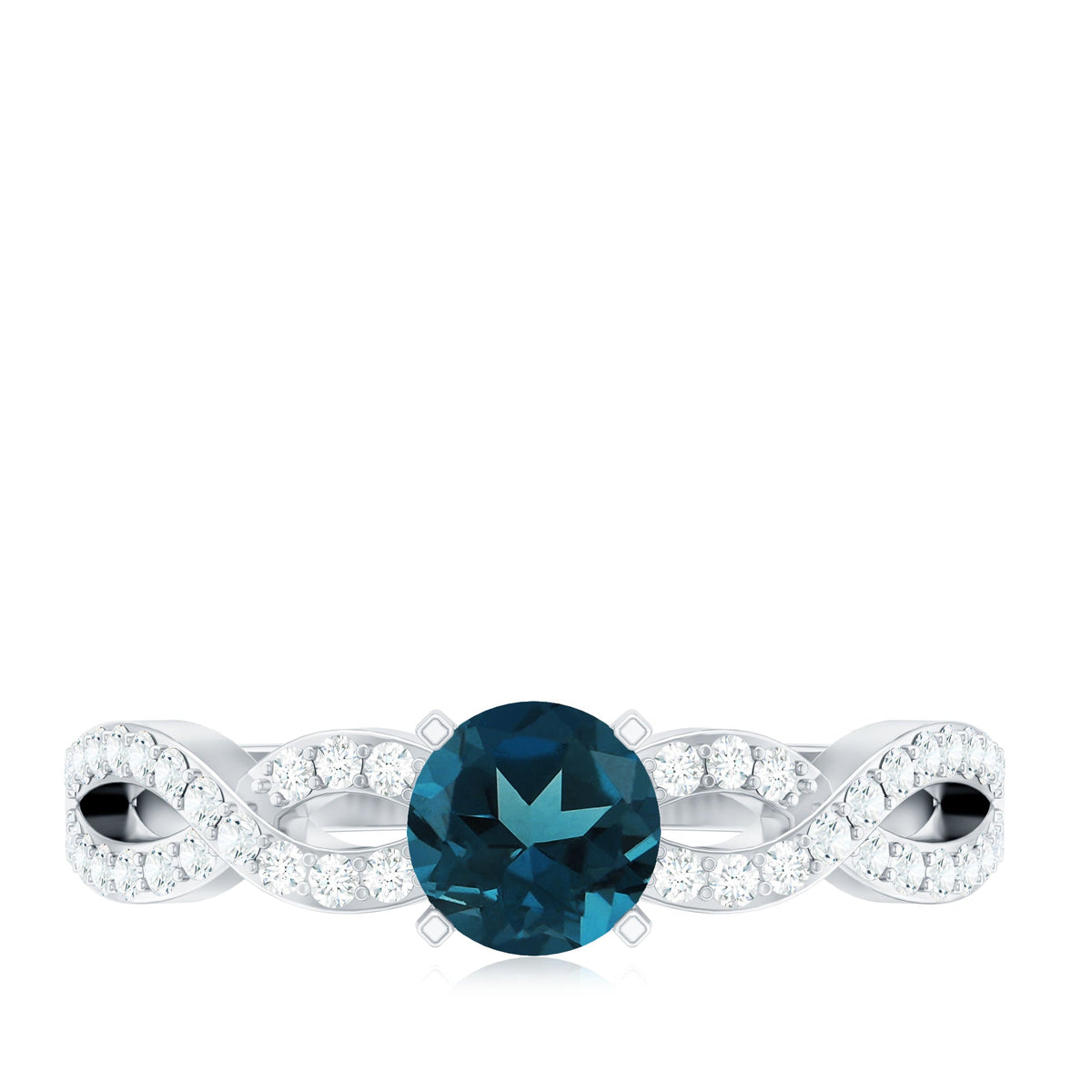 Round blue topaz infinity engagement ring with diamond accents, showcasing a silver band and intricate design by Rosec Jewels.